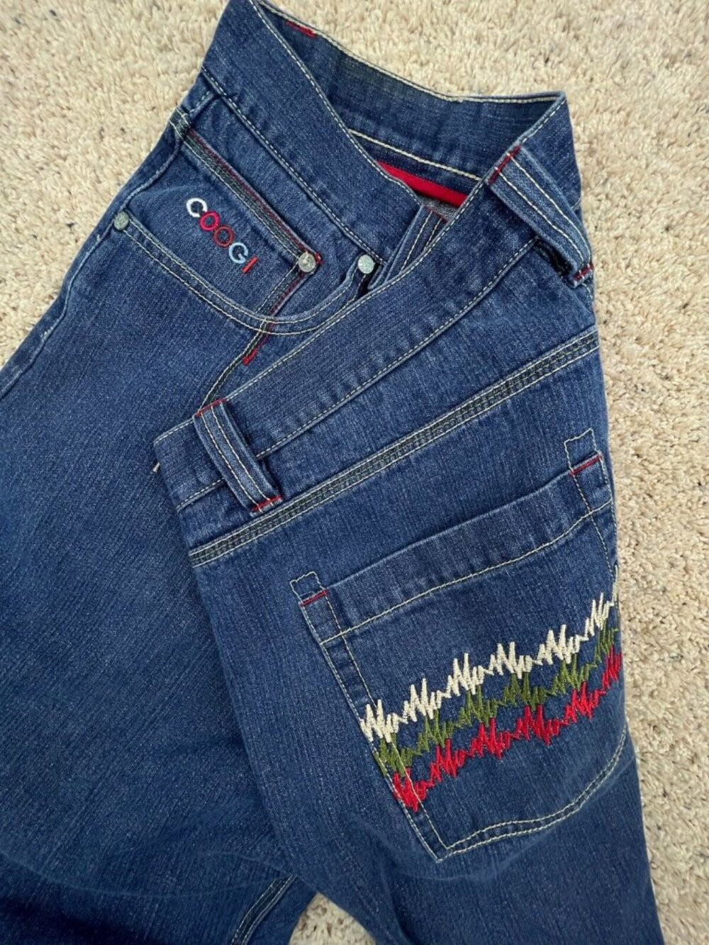 Coogi Mens 42x33 Blue Denim Pants Jeans 100% Cotton Red Green Design Pockets
